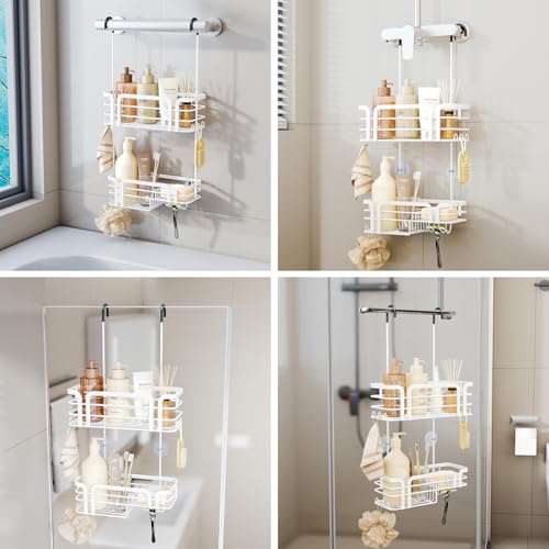 SWTYMIKI Shower Caddy Hanging Organizer - Over the Door Shower Caddy with Soap Holder, 11 Hooks, 2 Installation Ways, Stainless Steel Rustproof Bathroom Organizer, Black - color: White