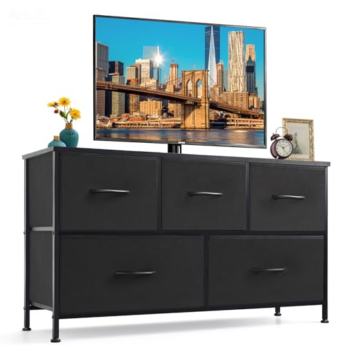 5-Drawer Dresser for Bedroom, Anti-Tip Wide Storage Organizer Fabric Chest of Drawers TV Stand for 45" TV with Wooden Top and Metal Frame for Closet, Living Room, Hallway, Entryway, Black - color: Black, size: 11.8"D x 39.4"W x 20.9"H (5 Drawers)