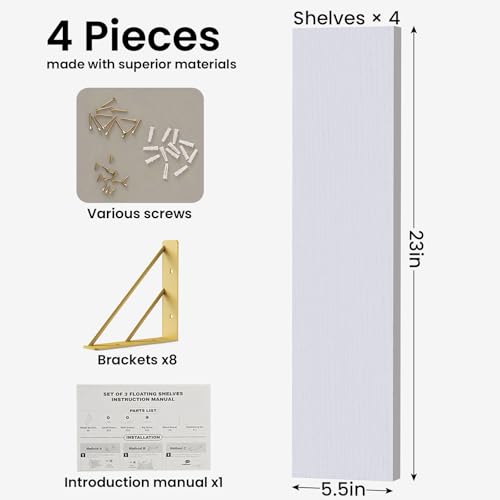 BAYKA Wall Shelves for Bedroom Decor, Floating Wall Shelf for Living Room Kitchen Storage, Mounted Rustic Wood Shelves for Kids Books, Corner Shelf for Bathroom(White and Gold，23in，Set of 4) - color: B. White Board & Gold Brackets, size: 23-inch Standard