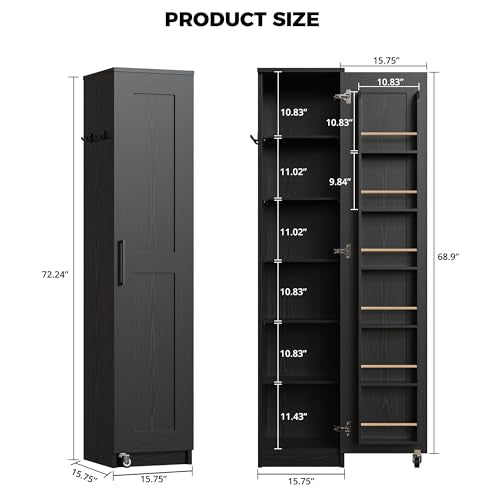 IRONCK Narrow Kitchen Pantry Storage Cabinet, 72" Slim Single Door with 6 Adjustable Shelves, Door Rack and Wheels, Space Saving Freestanding Storage Floor Cabinet for Small Place, Black