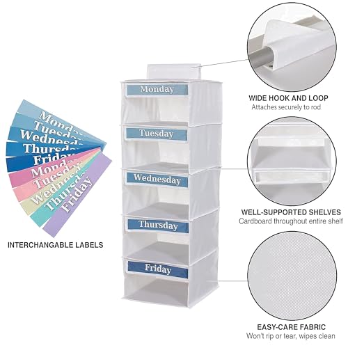 Three Sweet Peas Co Weekly Clothes Organizer for Kids – 5 Shelf Hanging Closet Storage for School Outfits | Monday to Friday Daily Clothing Divider with Color Labels, 33" Durable Polyester