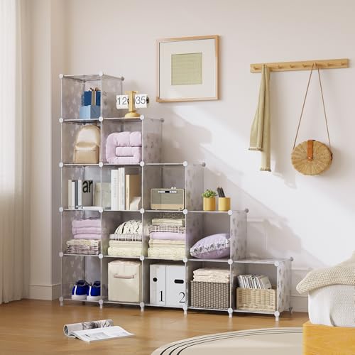 UNKU Cube Storage Organizer, 16 Cube Closet Organizer Storage Shelves, DIY Stackable Bookcase, Clothes Organizer Shelf for Closet, Bedroom, Living Room, Cabinet, Home, Office, Translucent - color: Clear, size: 15cube
