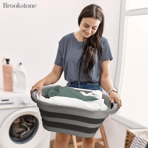 BROOKSTONE Collapsible Laundry Basket Set, Modern Medium Collapsible Basket Set, Comfort Non-Slip Grip Handles, Minimalist Space Saving Design, Portable Pop-Up Hamper, BPA FREE, Dark Grey, 2 PACK - color: Dark Grey, size: Regular - Two Pack