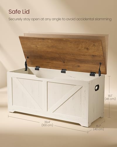 VASAGLE Storage Chest, Storage Bench with 2 Safety Hinges, Farmhouse Style, 15.7 x 39.4 x 18.1 Inches, for Entryway, Bedroom, Living Room, Honey Brown and Rustic White ULSB060WJ01S - color: Honey Brown + Rustic White, size: 39.4"W x 18.1"H, style: Farmhou