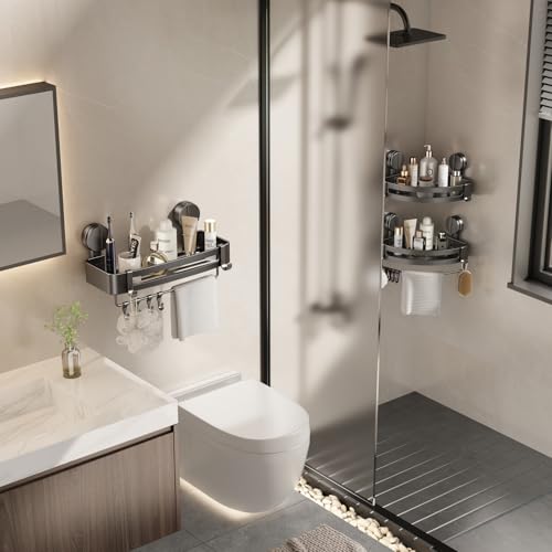 VOLPONE Shower Caddy Suction Cup, Corner Shower Shelves No Drilling, Showers Organizer Storage with Towel Bar & Removable Hooks, Bathroom Shower Shelf Rack for Inside Showers, Square - style: Square 1 Tier