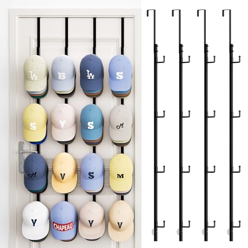 SWTYMIKI Over Door Hat Rack - 4 Packs Metal Hanging Hat Organizer with 16 Hooks Design, Baseball Cap Hanger Organizer Storage Holds up to 80 Caps for Door, Bedroom, Closet - color: black, size: 4 Pack