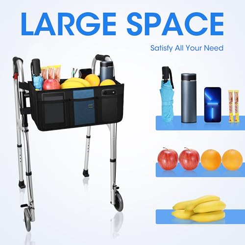 Dotday Upgraded Walker Basket with Cup Holder, Foldable Walker Bag with Large Capacity & Never Tipping Over- Not Fit for Rollator - color: Black