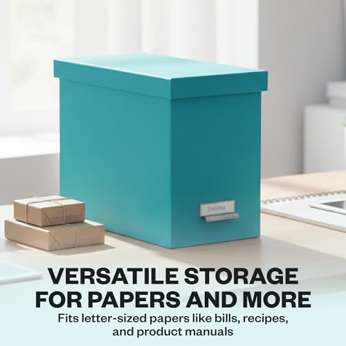 Bigso John Fiberboard Label Frame Desktop File Storage Box - Document Organizer for Important Paperwork - Durable Hanging File Box with a Lid & Metal Label Window - 7.36 x 13.38 x 10.51 in - Turquoise - color: Turquoise