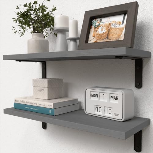 RICHER HOUSE Rustic Wood Bathroom Shelves Set of 2, Farmhouse Style Floating Shelf for Wall Décor, Hanging Shelves for Bedroom, Storage, Kitchen, Living Room - Grey - color: Grey, size: 2 Pcs:16.54in