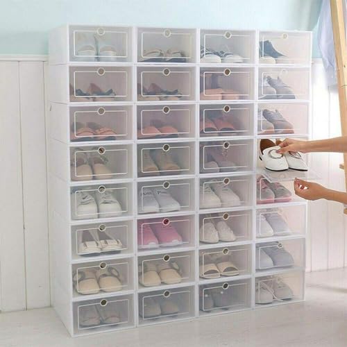 24-Pack Clear Plastic Shoe Boxes, Stackable Foldable Shoe Storage Containers with Lids for Closet Organization