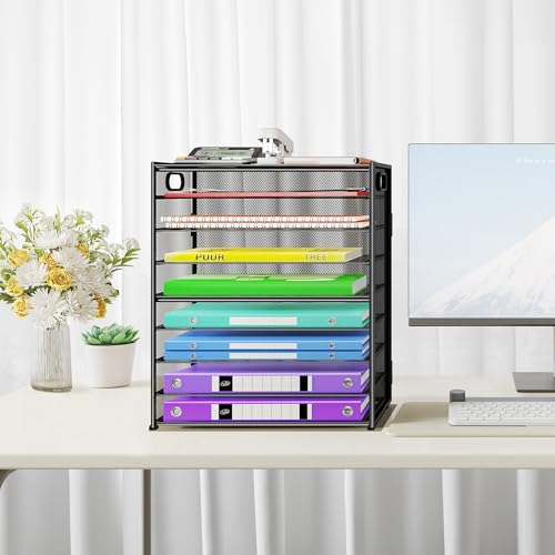 Cawukege 9 Tier Paper Organizer with Handle, Large Capacity Desk Organizer Mesh Paper Letter Tray File Folder Document Sorter for Classroom and Office Accessories Organization- Black (2 Pack) - color: 2 Pack - Black