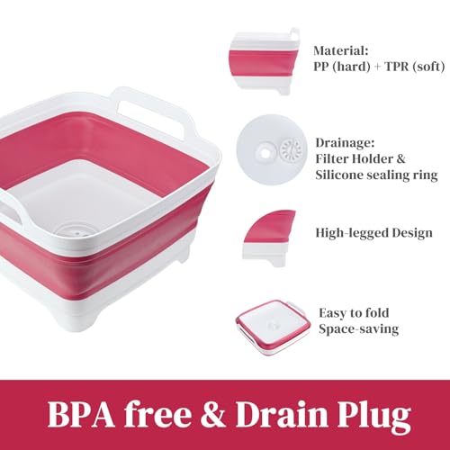 GIMWA Collapsible Wash Basin for Baby Bottles - 2.4 Gallons Portable Dish Basin for RV Camping Sink, Space-Saving Dish Tub For Bottle Washing (Viva Magenta) - color: Viva Magenta