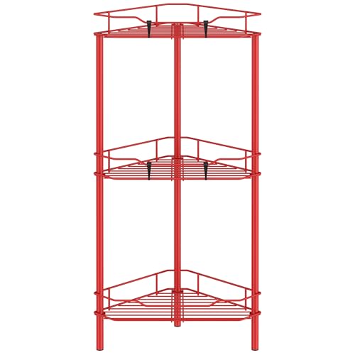 HuggieGems 3 Tier Floor Standing Corner Shower Caddy Organizer Shelf with Hooks, Bathroom Shelves Stand Rack, Red - color: Red, size: 3 Tier