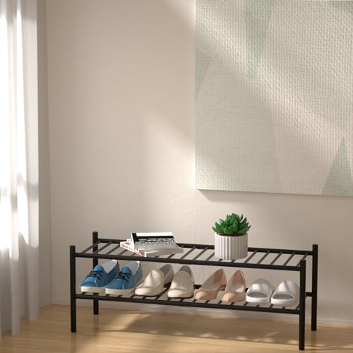 ROMGUAR CRAFT 2-Tier Bamboo Long Shoe Rack, Free Standing Wood Shoe Shelf Storage Organizer for Closet Entryway Stackable 35"x11"x13" (Black) - color: Black, size: 2-Tier(Long)