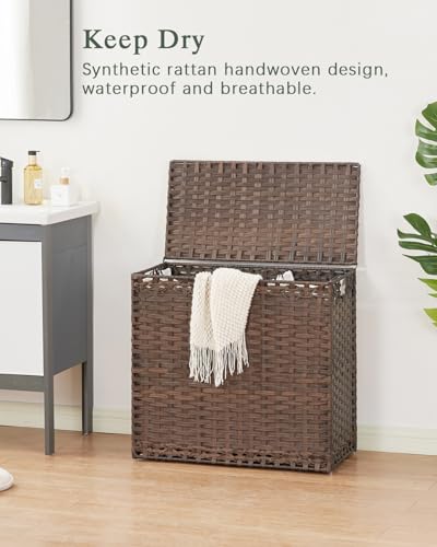 SETVSON Laundry Hamper with Lid Laundry Basket 132 L (35 Gal) Wicker Clothes Hamper, Handwoven Rattan Hamper with Handles and 4 Removable Liner Bags, 6 Mesh Bags for Laundry Bedroom Brown - color: Brown, size: 35.0 Gal