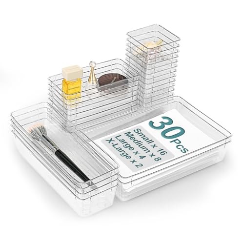 30Pcs Clear Plastic Drawer Organizers Set, 4size makeup drawer organizer trays for vanity,desk,bathroom,office,nightstand,gadgets for kitchen drawer, Versatile drawer divider storage bins - size: 30P