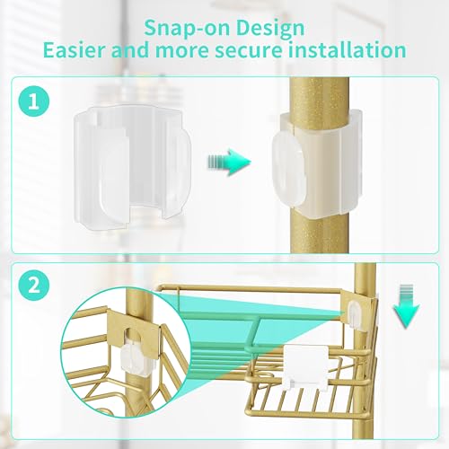 HapiRm Corner Shower Caddy Organizer - Shower Organizer Corner with Soap Holder, Toothbrush Holder and 4 Hooks, Rustproof Bathroom Shelf Tension Pole Available for 27.6 to 108.3 Inch - Gold - color: Gold