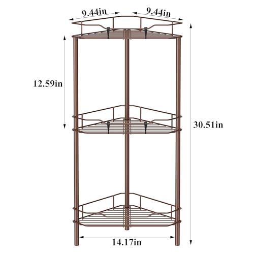 HuggieGems 3 Tier Floor Standing Corner Shower Caddy Organizer Shelf with Hooks, Bathroom Shelves Stand Rack, Coffee - color: Coffee, size: 3 Tier