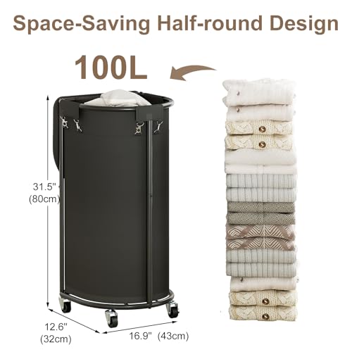 Rolling Laundry Basket with Lid, 100L Laundry Hamper with Wheels, Half Round Laundry Cart with Removable Bag, Sturdy Metal Frame Dirty Clothes Organizer for Bathroom, Bedroom, Black - color: Black, size: 100L(16.9"L x 12.6"W x 31.5"H)