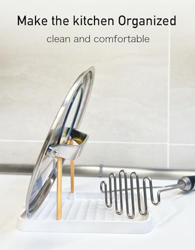 Anti-Rust Metal Spoon Rest with Lid Holder, Heat-Resistant Pot Lid Rest, Multifunctional Spatula Holder While Cooking for Stovetop and Kitchen Counter – Gold White - color: GOLDWHITE