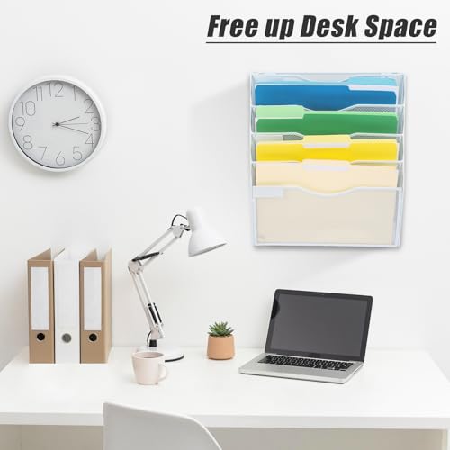 EASEPRES 5 Pocket Mesh Hanging Wall File Organizer, Wall Mounted Mail Paper Document Folder Holder, Clipboard Storage Organization Magazine Rack with Nametag Label for Office Home School, White - color: White, size: 5 Tier