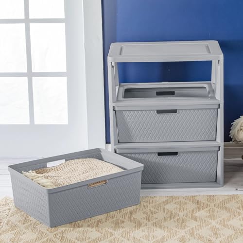 Gray Storage Drawer, 3 Drawer Plastic Weave Wide Tower with Pull Handles - color: Grey