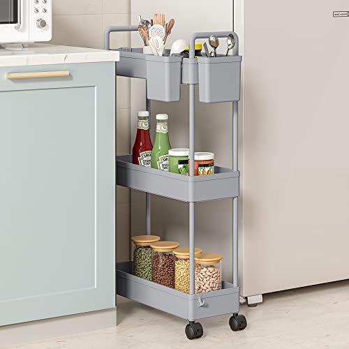 SOLEJAZZ Slim Rolling Storage Cart with Wheels 3 Tier Skinny Bathroom Storage Organizer Thin Laundry Room Utility Cart Space-Saving for Bedside Kitchen Office Small Narrow Places, Gray - color: Grey, size: 3-Tier, 4.76"D