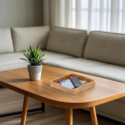 BTSKY Small Remote Basket for Coffee Table Entryway Living Room Rattan Serving Tray 8.1” x 8.1” Handwoven Wicker Baskets Decorative Tray for Wallet Remote Control Trinkets Rings Cosmetics Crackers - color: Natural, size: 8.1" x 8.1" x 1.5"
