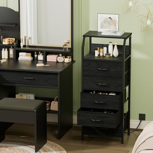 Furnulem 5 Drawers Dresser with Charging Station, Fabric Chest of Drawers with Open Shelf, Tall Night Stand, Bedside Table for Closet, Entryway, Bedroom Furniture, 3 Ways to Use, Black Oak - color: Black Oak, size: 5 Drawer