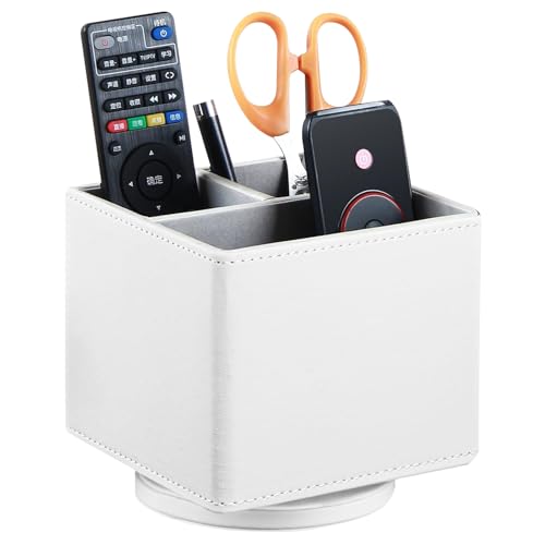 Remote Control Holder PU Leather TV Remote Caddy for Table,360 Swivel Nightstand Organizer for Bedroom Accessories/Bedside Remotes/Media Controllers/Office Supplies,Home Decorations for Living Room - color: White