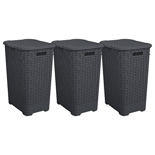 Plastic Laundry Hamper with Lid 3 Pack Laundry Hamper Basket, Grey Tall Cloths Hamper Organizer with Cut-out Handles. Space Saving for Laundry Room Bedroom Bathroom, Wicker Design 60 Liter - color: Grey, size: 3-pack