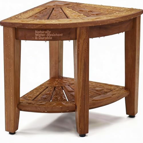 AquaTeak The Original 15.5" Kai Corner Teak Shower Bench - Shower Stool with Storage Shelf for Bathroom - Durable Water Resistant Shower Chair - Shaving Foot Rest - Indoor & Outdoor Use - size: Original 15.5", style: Corner Stool With Shelf