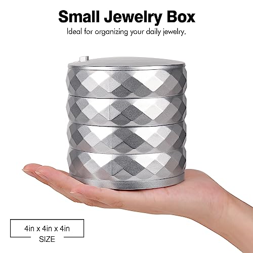 CONBOLA Travel Jewelry Case Box, Small Jewelry Organizer Earring Holder for Women, 5-Layer Rotating Jewelry Storage Tray with Lid for Bracelets Rings Bracelets - color: Silver