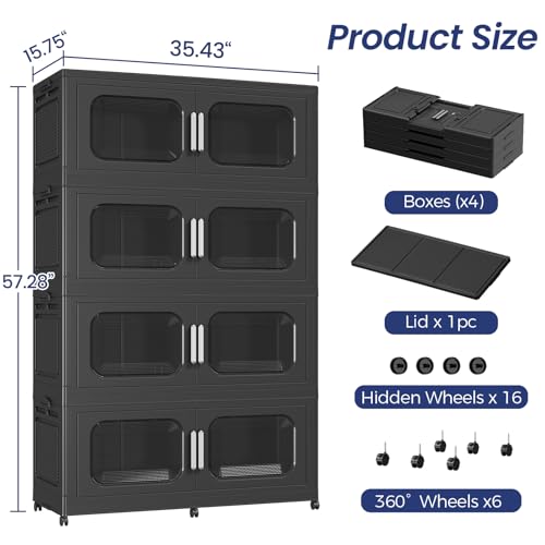 200Gal Extra Large Stackable Storage Bins with Lid & Wheels & Doors, 200QT/50GAL 4-Tiers Collapsible Closet Organizers Plastic Containers Drawers Boxes for Home Kitchen Bedroom, Black - color: Black, size: 50Gal-4Pack
