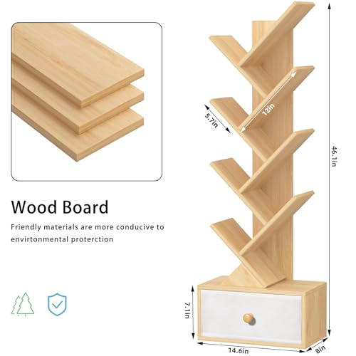 SHEEPAM 8 Tier Tree Bookshelf with Drawer, Free Standing Wood Bookcase for Narrow Space, Storage Organizer Bookshelves for Books, Book Case for Home Office, Living Room, Bedroom - Natural - color: Natural, size: 8 Tier