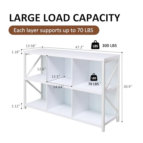 6 Cube Storage Organizer Bookshelf, Industrial Horizontal Bookcase, Accent Cubby Shelf, Media Console Table for Living Room, Home Office, 13.6" D x 47.2" W x 30.9" H, White - color: White, size: 6 Cube- 2 Tier