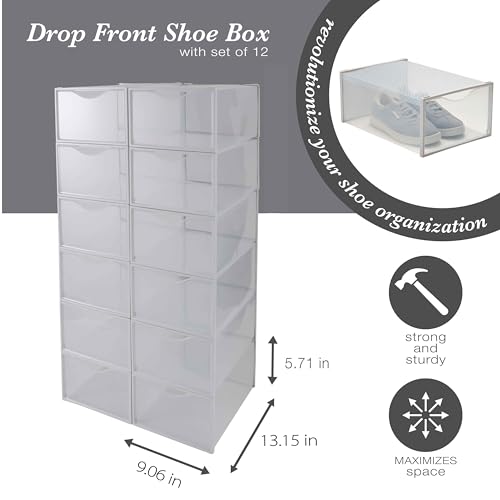 Simplify Set of 12 Stackable Shoe Boxes | Customizable | Fits Size 11 Shoes | Drop Front Design | Closet Storage | Sneakers | Heels | Clear and White - color: White