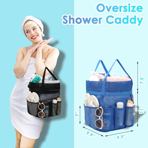 Fammart Mesh Shower Caddy Portable with Drawstring, Dorm Room Essentials for College Girls Guys, 8-Pocket Extra Large Shower Bag Basket Tote for Camping Beach Gym Travel Toiletry Bathroom - color: Extra Large, Drawstring Closure - Blue