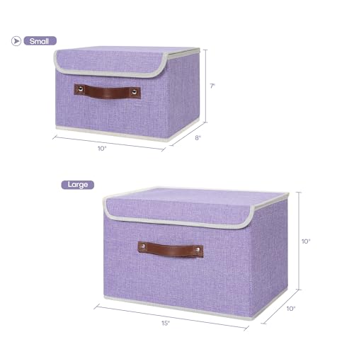 ANMINY Storage Bin with Lid Storage Boxes with PU Leather Handles PP Plastic Board Decorative Foldable Lidded Cotton Linen Fabric Home Cubes Baskets Closet Organizer Container - Purple, Small Size - color: Purple, size: Small (Pack of 1)