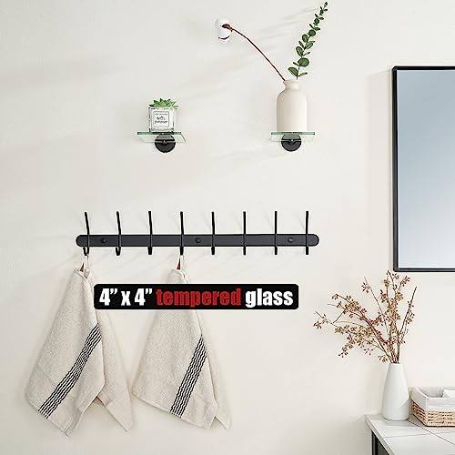 JQK Small Floating Glass Shelves Black, 4 Inch Display Ledges for Wall, Mini Decor, Living Room Bedroom Bathroom, Tempered Glass Shower Storage, 2 Pack, TGS101L4-PB-P2 - color: Black, size: 4 Inch (2 Pack)