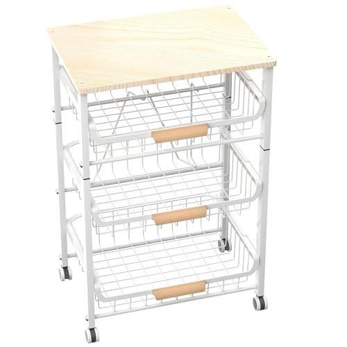 NiuYichee 4-Layer Fruit Basket Kitchen Food Storage Organizer and Storage Rack, Stackable Storage cart with Desktop, Pull-Out Hollow Metal Storage Basket, liding Out Storage,White - color: White 4-layer Rack