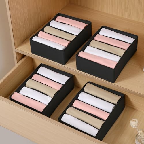4 Packs T-shirt Drawer Organizers for Clothing,5 Grids Compartment Wardrobe Storage Box, Washable Clothes Organizer for Folded Clothes, T-shirt, Legging, Silk Scarve-Black - color: Black, size: 5 GRIDS-MEDIUM SIZE