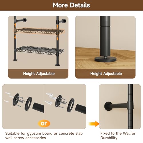 H6 Wall Mounted Closet System, Industrial Pipe Clothes Rack Clothing Racks with 6 Telescopic Rods & 3 Fixing Rods & 9 Shelves, Heavy Duty Closet Organizers and Storage in Wardrobe Closet (Black) - color: Black
