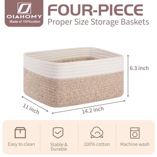 OIAHOMY 4 Pack Storage Baskets for Organizing, Small Bins for Shelves, Cute Decorative Storage Bins, Organizer Baskets for Gifts Empty, 14.2''Lx11''Wx6.3''H, Brown/White - color: Brown/White, size: 14.2"*11"*6.3"