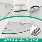 2 Ties Glass Corner Shelf with SUS 304 Stainless Steel Rail Chrome Finished, Esquinero para baños, Rustproof Tempered Glass Shelf, Shower Caddy Organizer 9.8" x 9.8" - size: 2 PACK With Rail