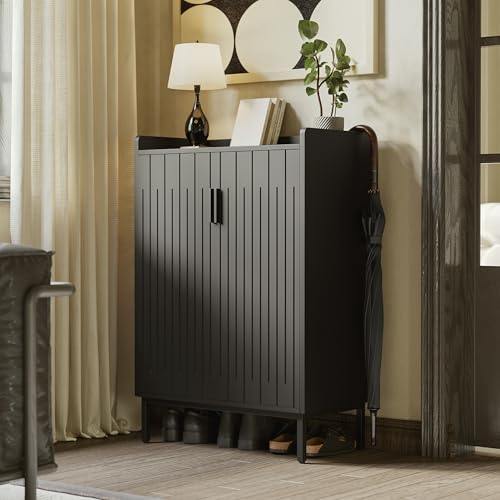 Mericonia Modern Shoe Cabinet with Metal Legs, Farmhouse Large 5-Tier Shoe Storage Cabinet with Doors, Wooden Shoe Organizer for Entryway, Hallway, Bedroom, Living Room (Modern Shoe Cabinet, Black) - color: A-black