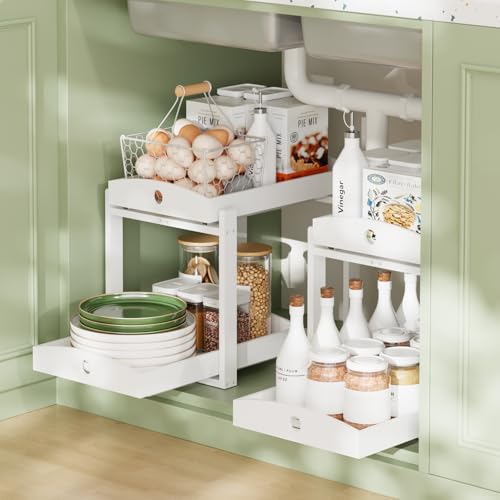 Bamboo Wood Under Sink Organizer 1 Pack, Pull Out Cabinet Organizer 2 Tier Under Sink Organizers and Storage with Sliding Drawer Sturdy Easy Assembly for Kitchen Bathroom Undersink (White, 2 Packs) - color: White
