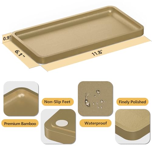 Weenson Gold Bathroom Vanity Tray for Countertop Perfume Makeup Jewelry Decor Candle, Bamboo Kitchen Tray for Soap Dispenser Spice Coffee, Toilet Tank Tray 11.81”L x 6.1”W x 0.79”H - color: Gold, size: 11.8" x 6.1" x 0.8"