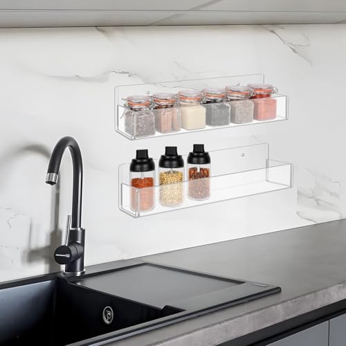 Acrylic Spice Rack Wall Mount-12 Inch, Clear Spice Shelf Storage Holder, 4 Pack Hanging Seasoning Rack Organizer for Cabinet Door, Cupboard or Wall Kitchen (Adhesive or Screw) - size: 12"- 4 Pack