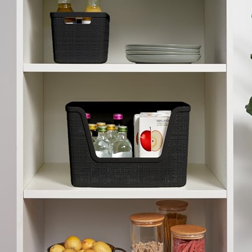 Curver Set of 4 Large 18L Easy Access Jute Decorative Plastic Organization and Storage Baskets - Perfect Bins for Home Office, Closet Shelves, Kitchen Pantry and All Bedroom Essentials, Black - color: Black, size: Large Easy Access 18L